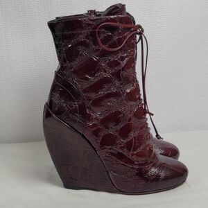 Alaia Calzature Donna Croco Burgundy Patent Leather Ankle Wedge Boots Size 37.5